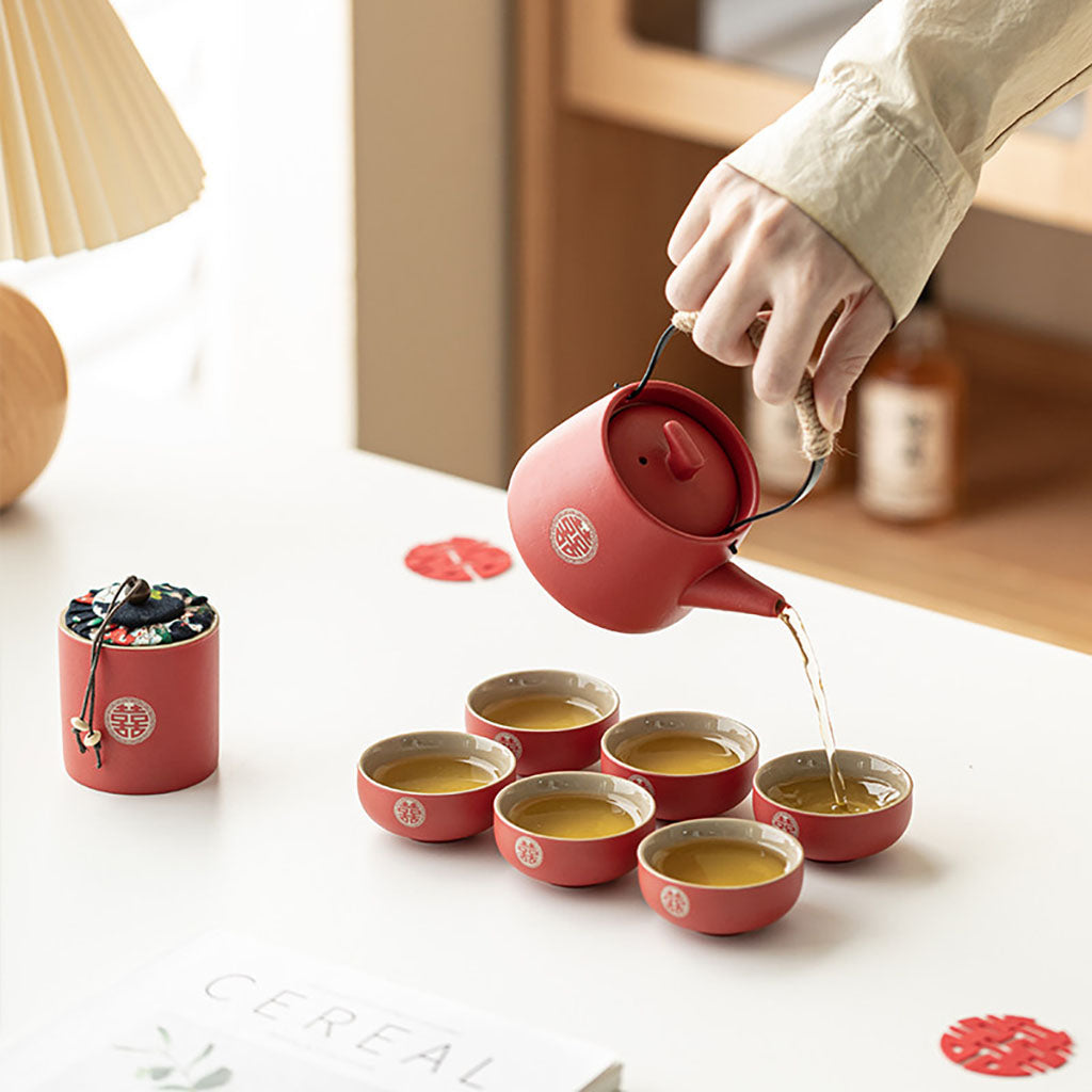 Red Double Happiness Ceramic Wedding Tea Set with Teapot and Cups