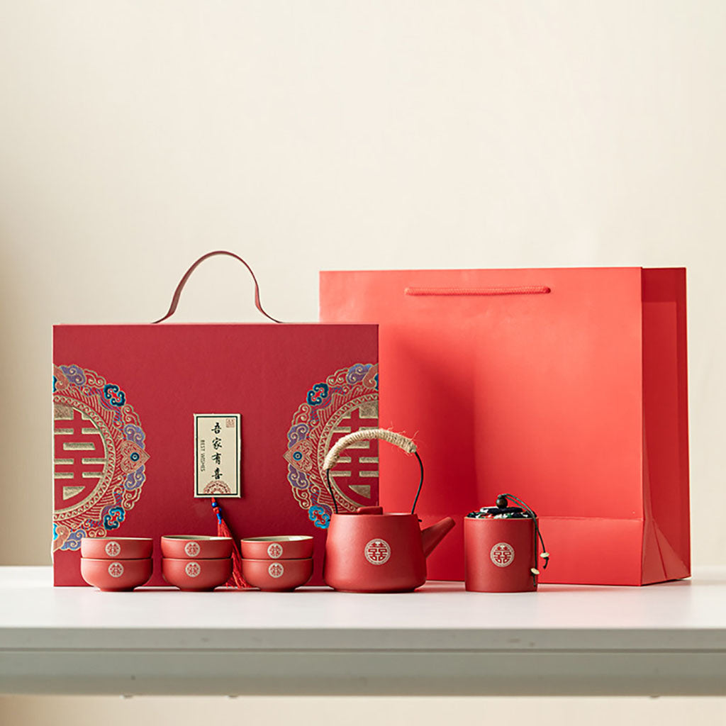 Red Double Happiness Ceramic Wedding Tea Set with Teapot and Cups