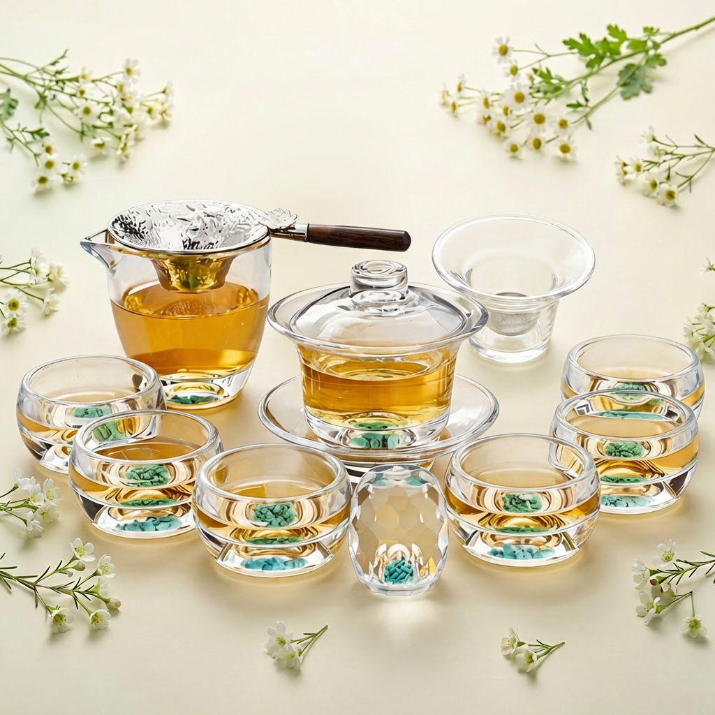 Turquoise High Borosilicate Glass Gaiwan Tea Set with Natural Detail