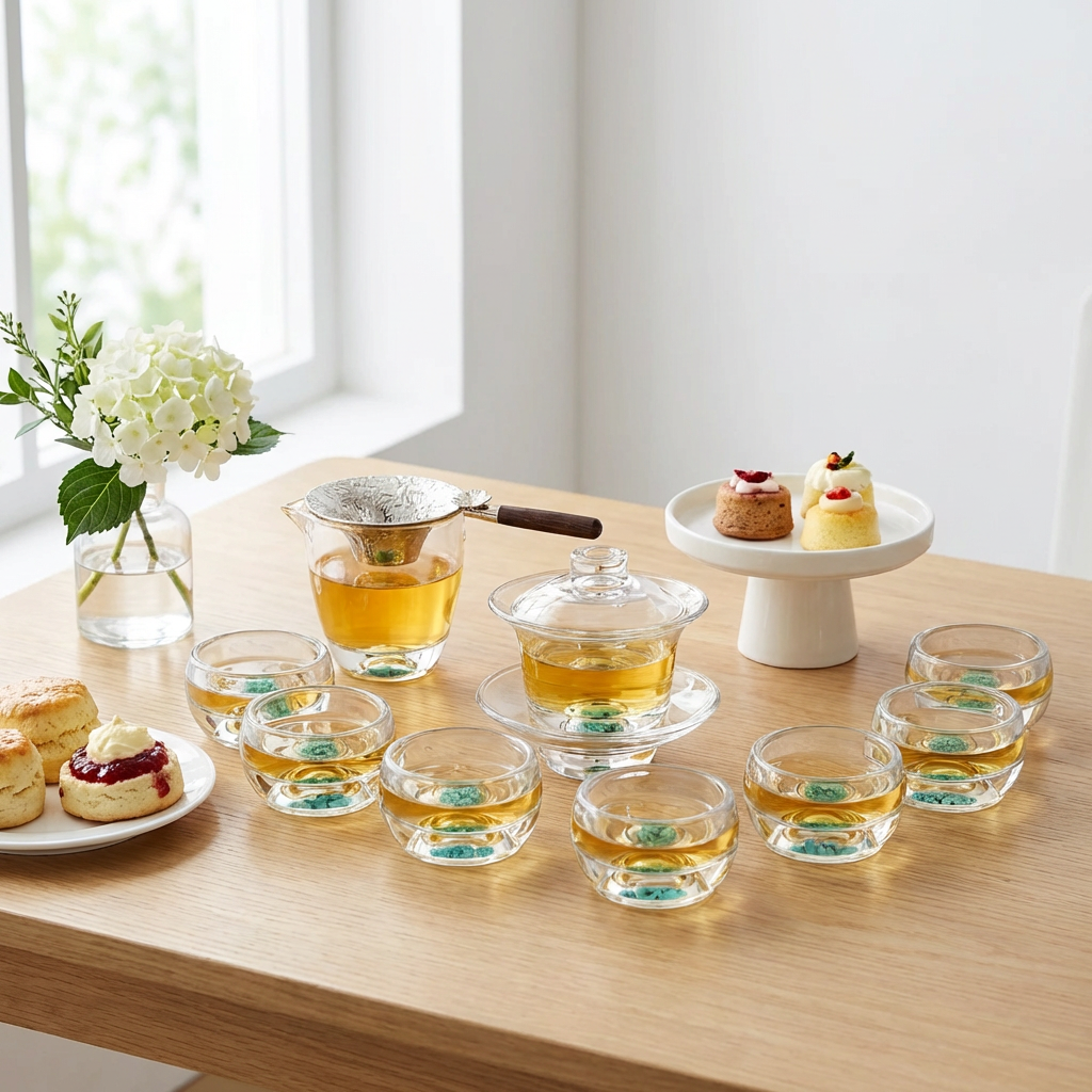 Turquoise High Borosilicate Glass Gaiwan Tea Set with Natural Detail