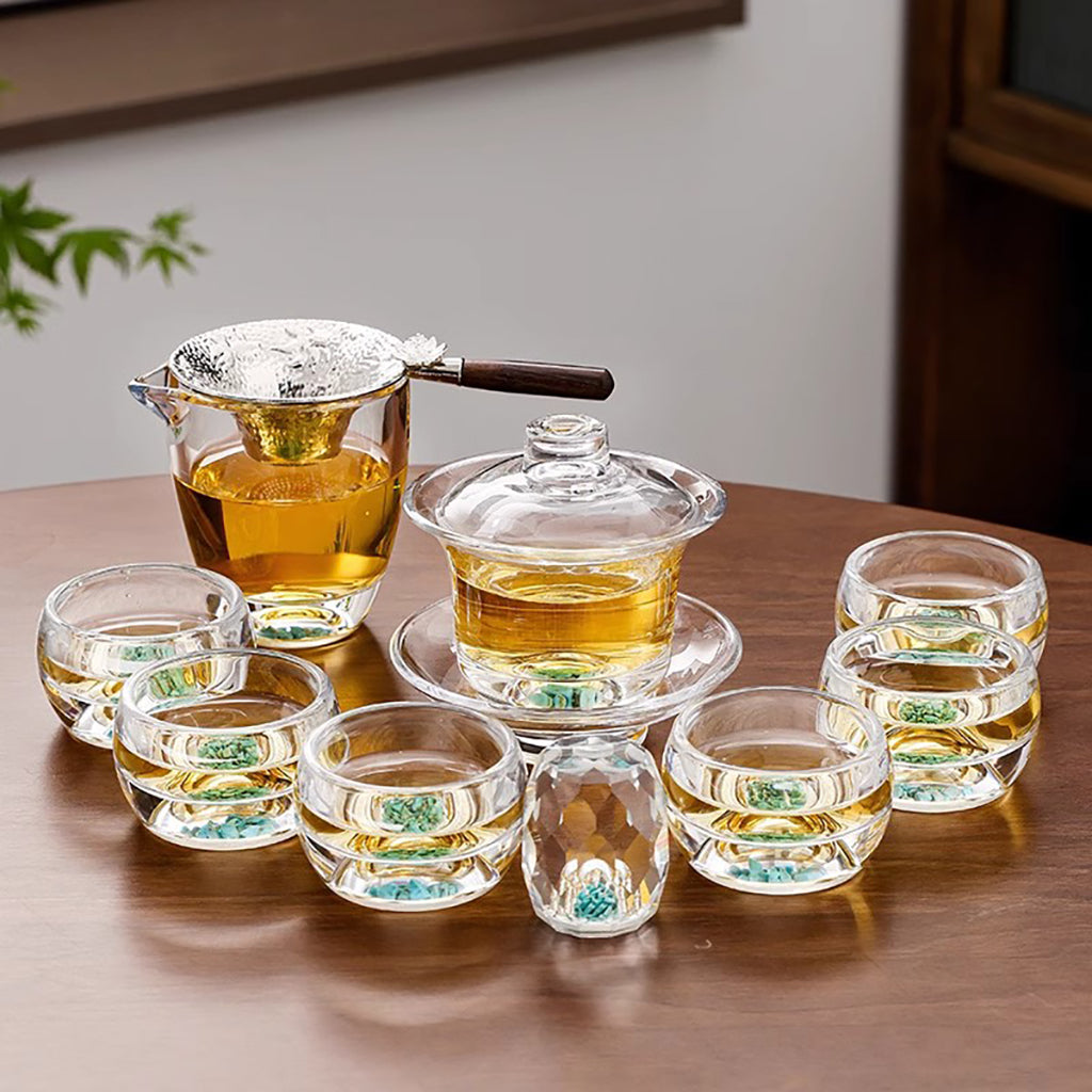 Turquoise High Borosilicate Glass Gaiwan Tea Set with Natural Detail