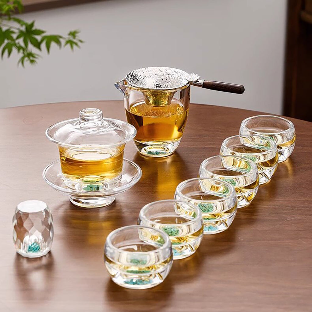 Turquoise High Borosilicate Glass Gaiwan Tea Set with Natural Detail