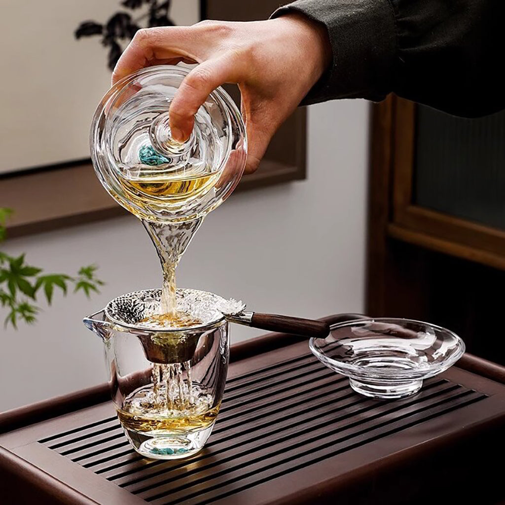 Turquoise High Borosilicate Glass Gaiwan Tea Set with Natural Detail