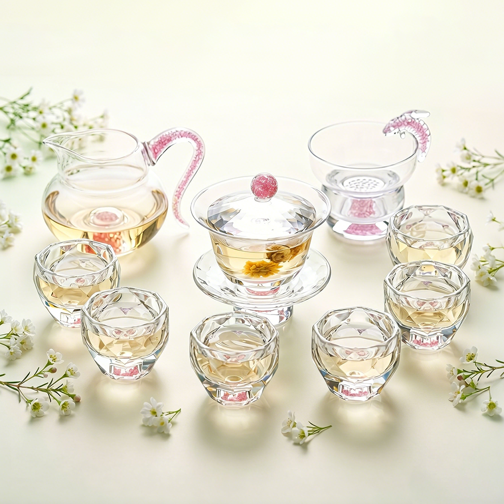 Pink Diamond Crystal Glass Tea Set with Gaiwan and Cups
