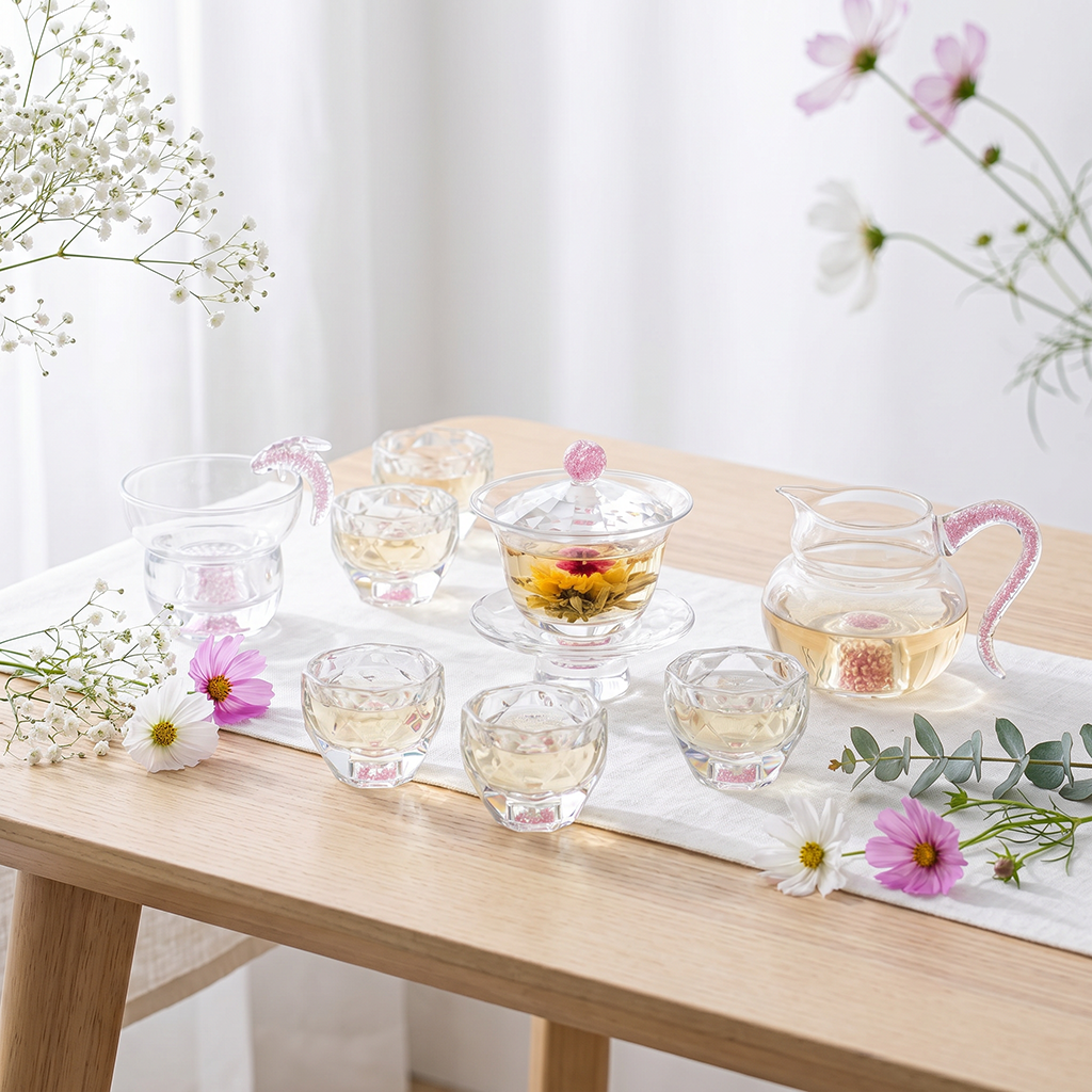 Pink Diamond Crystal Glass Tea Set with Gaiwan and Cups
