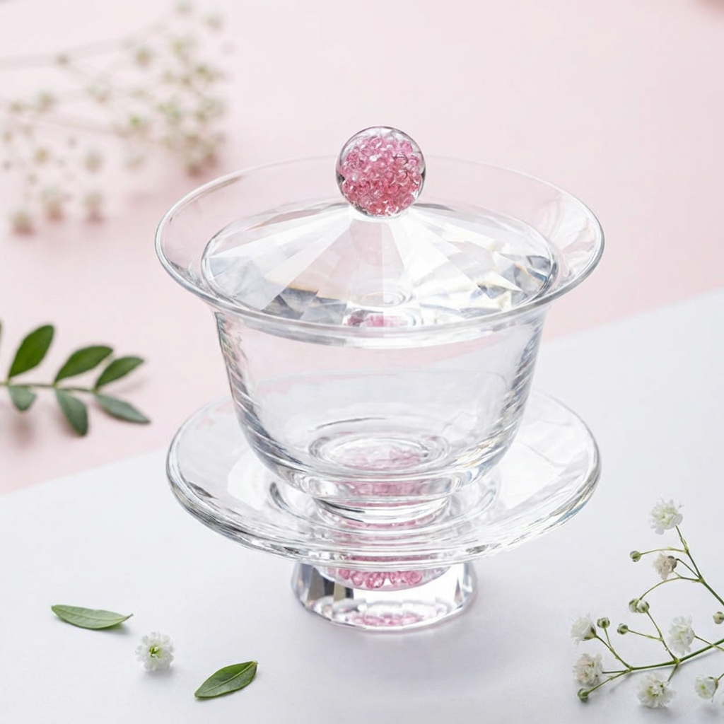 Pink Diamond Crystal Glass Tea Set with Gaiwan and Cups