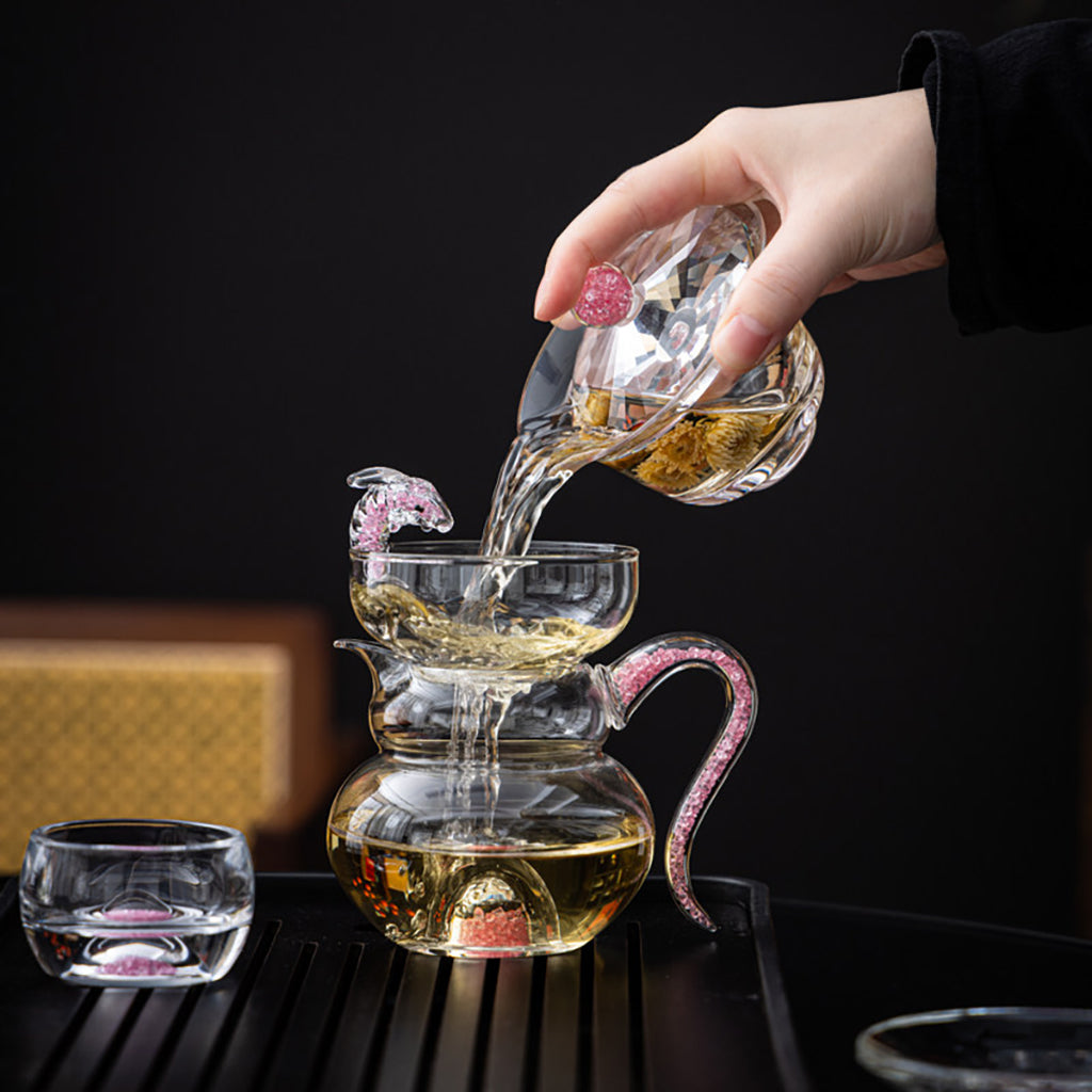 Pink Diamond Crystal Glass Tea Set with Gaiwan and Cups
