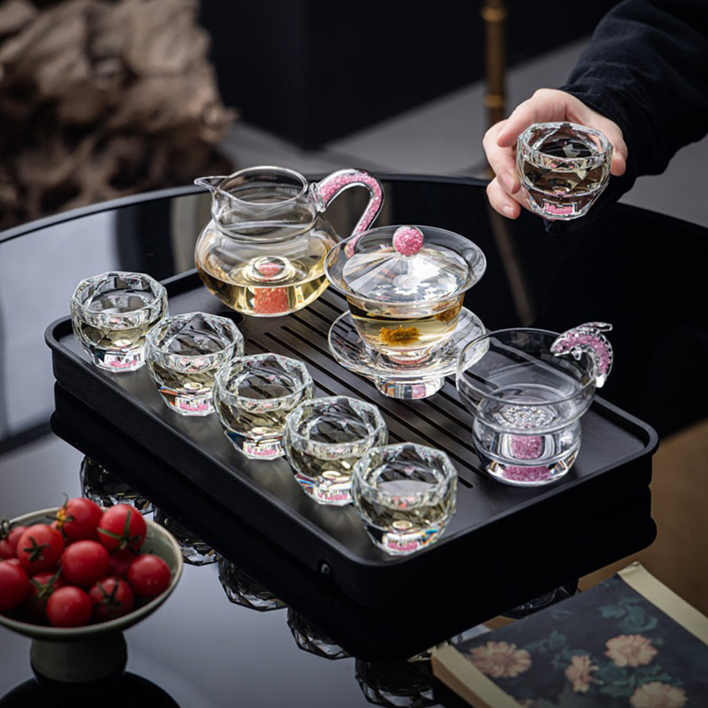 Pink Diamond Crystal Glass Tea Set with Gaiwan and Cups