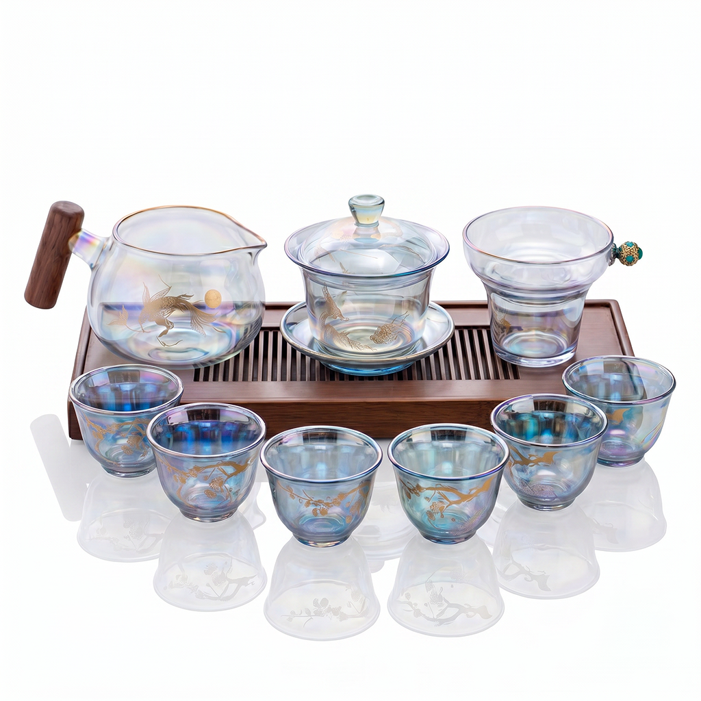 Iridescent High Borosilicate Glass Gaiwan Tea Set with Plum Blossom and Crane Designs