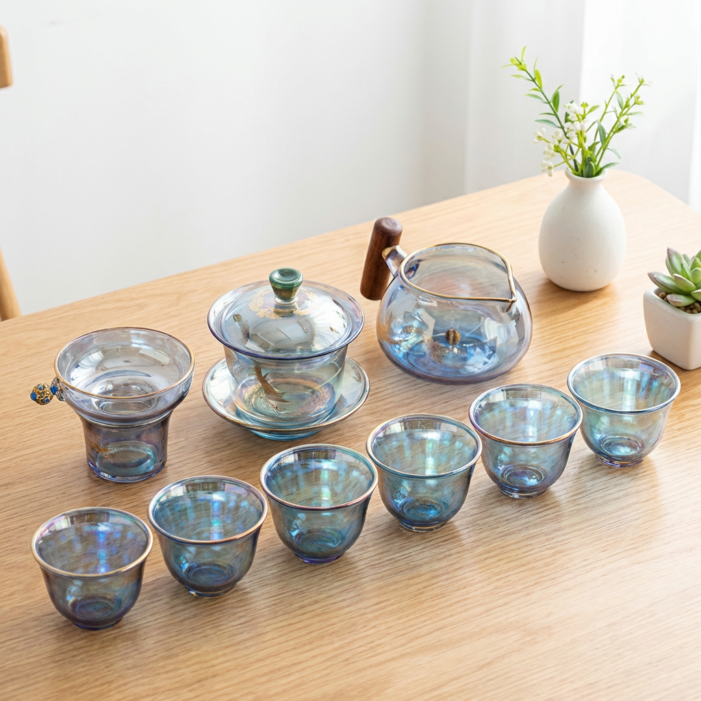 Iridescent High Borosilicate Glass Gaiwan Tea Set with Plum Blossom and Crane Designs