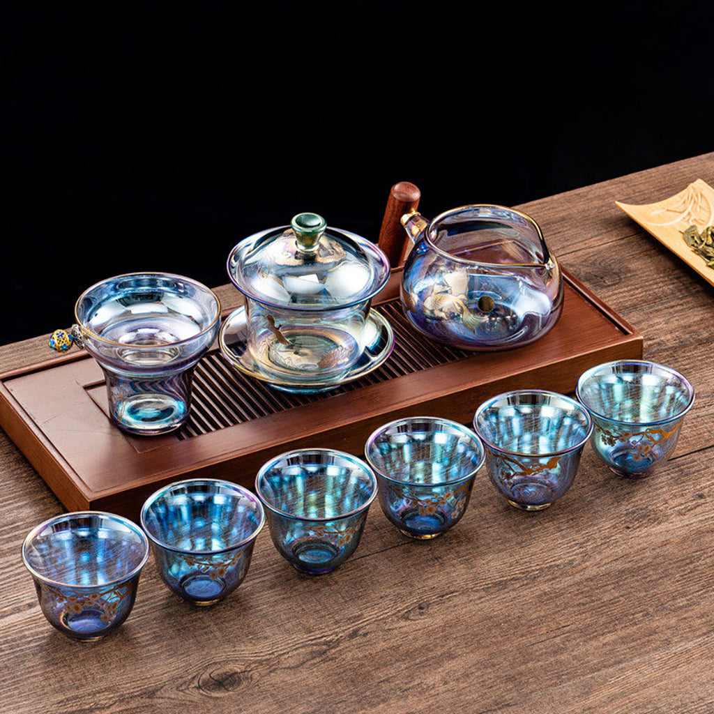 Iridescent High Borosilicate Glass Gaiwan Tea Set with Plum Blossom and Crane Designs