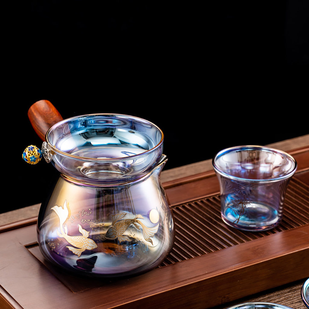 Iridescent High Borosilicate Glass Gaiwan Tea Set with Plum Blossom and Crane Designs