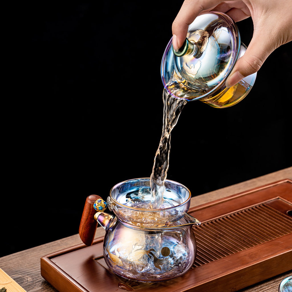 Iridescent High Borosilicate Glass Gaiwan Tea Set with Plum Blossom and Crane Designs