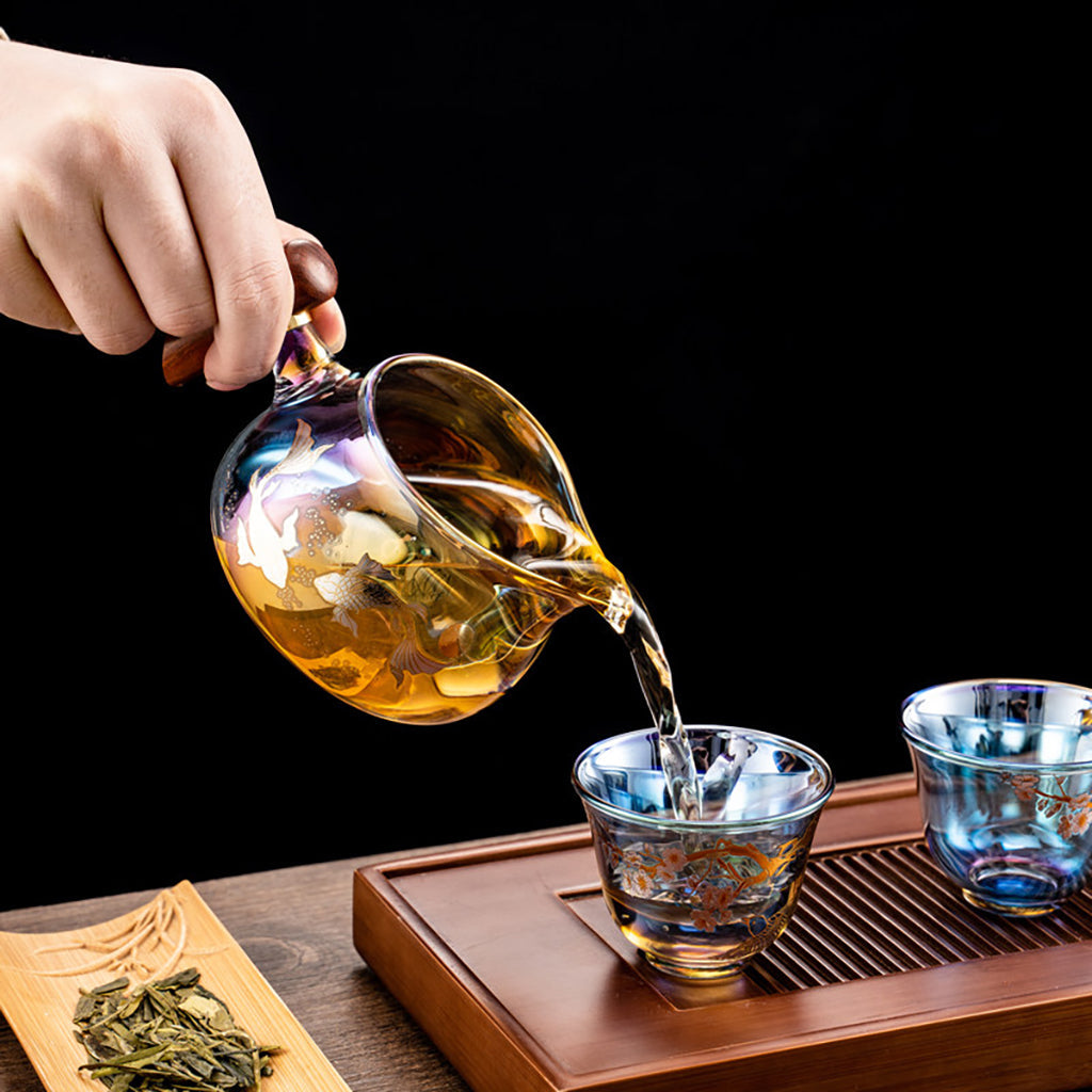 Iridescent High Borosilicate Glass Gaiwan Tea Set with Plum Blossom and Crane Designs