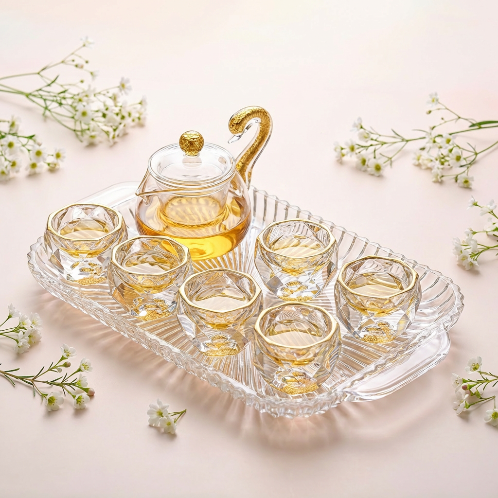 Gold Foil Diamond-Cut Crystal Glass Tea Set with Tray