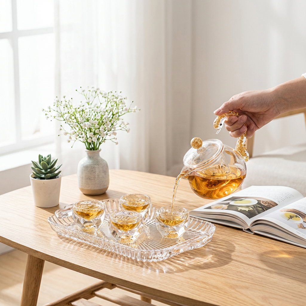 Gold Foil Diamond-Cut Crystal Glass Tea Set with Tray