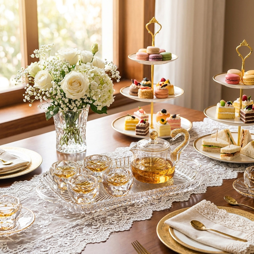 Gold Foil Diamond-Cut Crystal Glass Tea Set with Tray