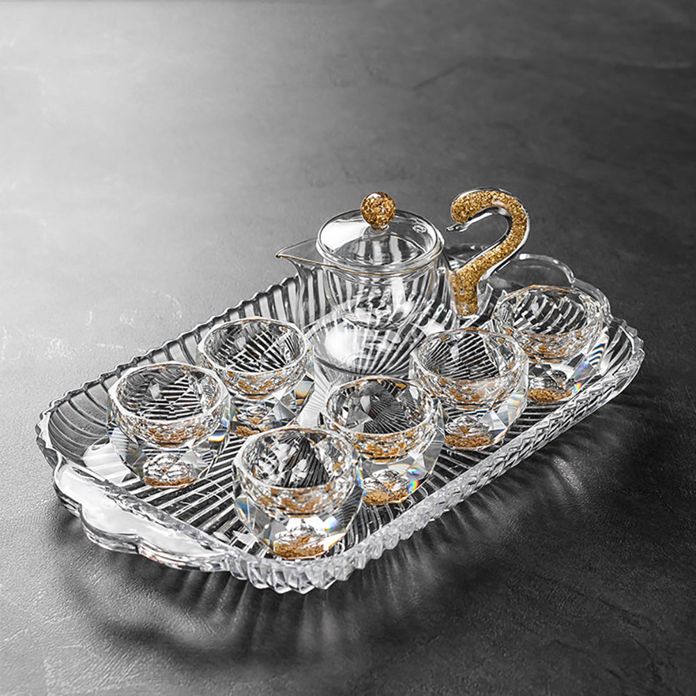 Gold Foil Diamond-Cut Crystal Glass Tea Set with Tray