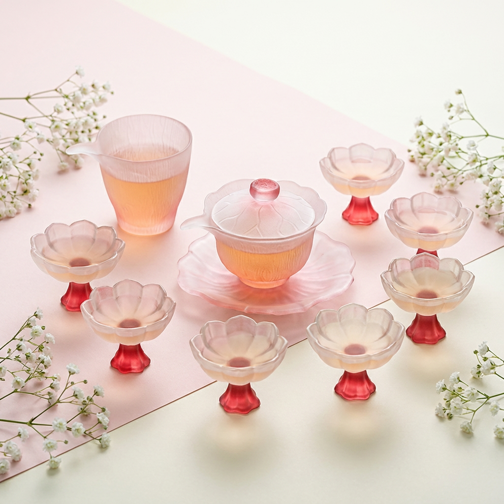 Pink Lotus Crystal Glass Tea Set with Gaiwan and Cups