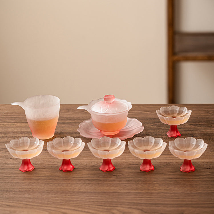 Pink Lotus Crystal Glass Tea Set with Gaiwan and Cups