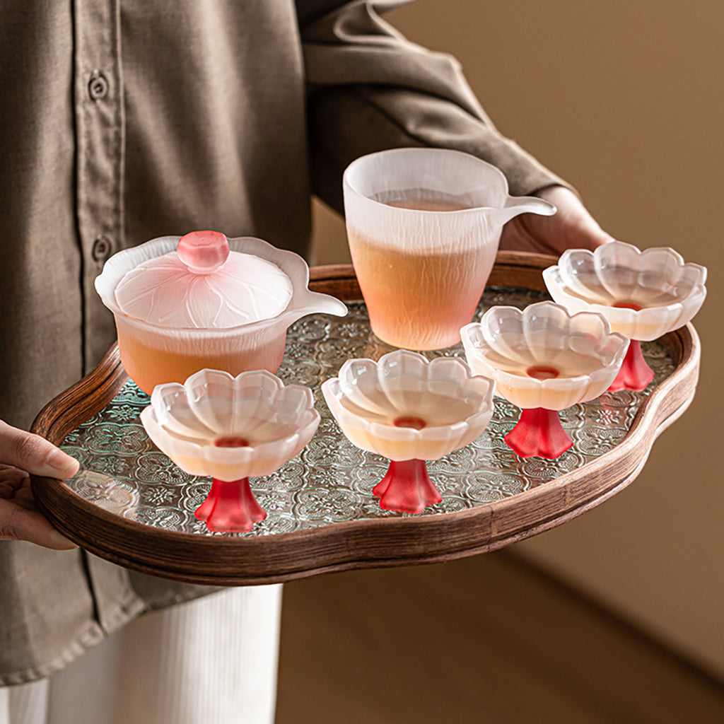 Pink Lotus Crystal Glass Tea Set with Gaiwan and Cups