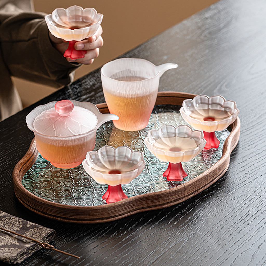 Pink Lotus Crystal Glass Tea Set with Gaiwan and Cups