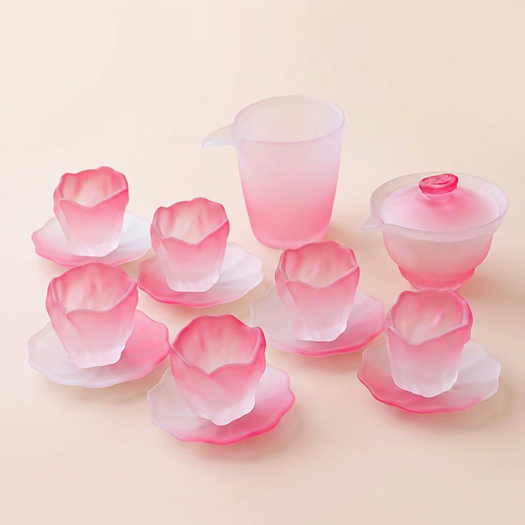 Cherry Blossom Pink Glass Tea Set with Flower-Shaped Cups