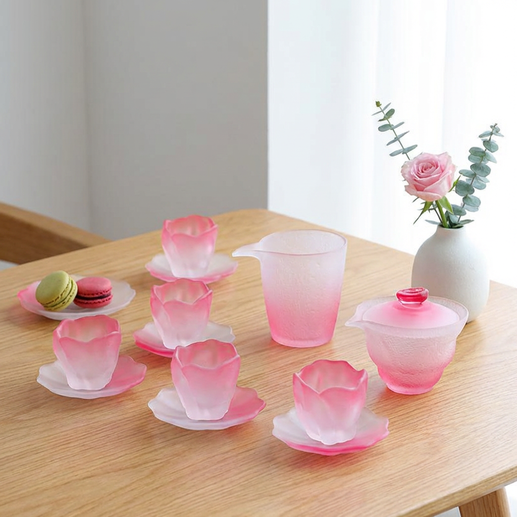 Cherry Blossom Pink Glass Tea Set with Flower-Shaped Cups