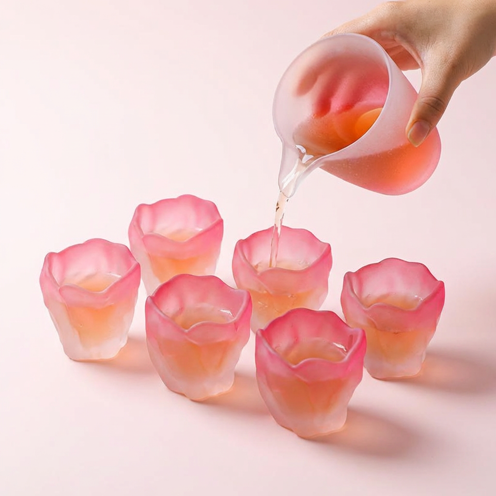 Cherry Blossom Pink Glass Tea Set with Flower-Shaped Cups