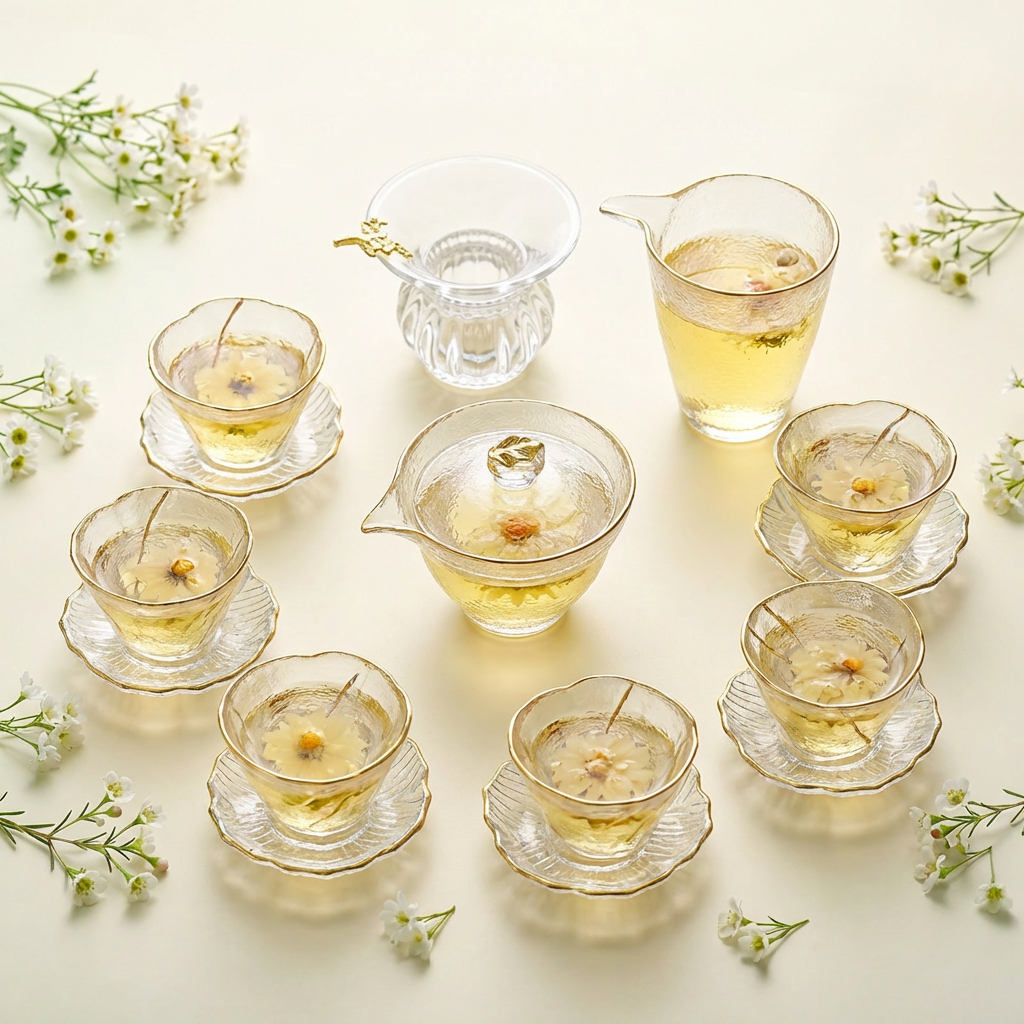 Plum Blossom Ice-Textured Glass Tea Set with Gold Trim