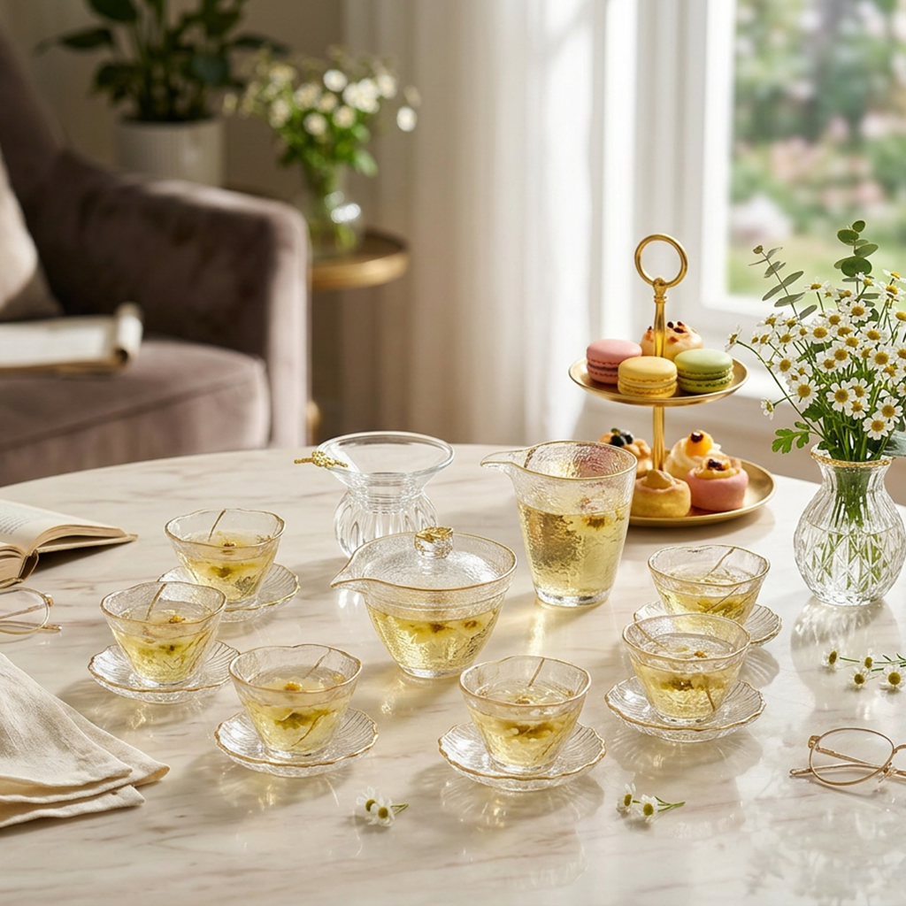 Plum Blossom Ice-Textured Glass Tea Set with Gold Trim