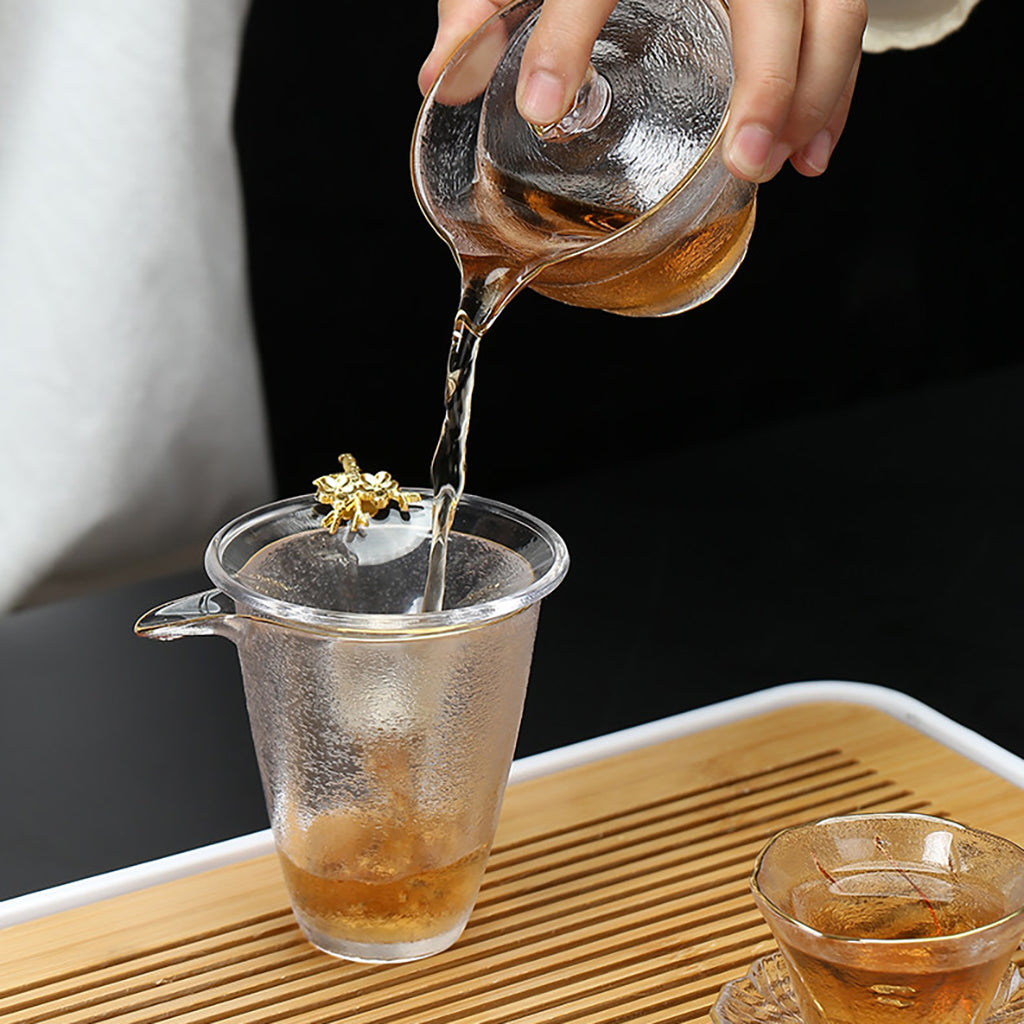Plum Blossom Ice-Textured Glass Tea Set with Gold Trim