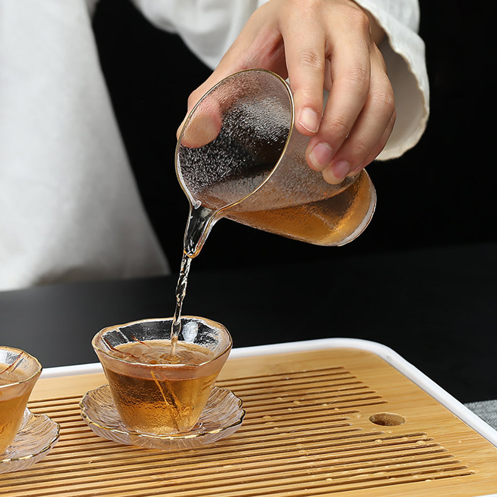 Plum Blossom Ice-Textured Glass Tea Set with Gold Trim
