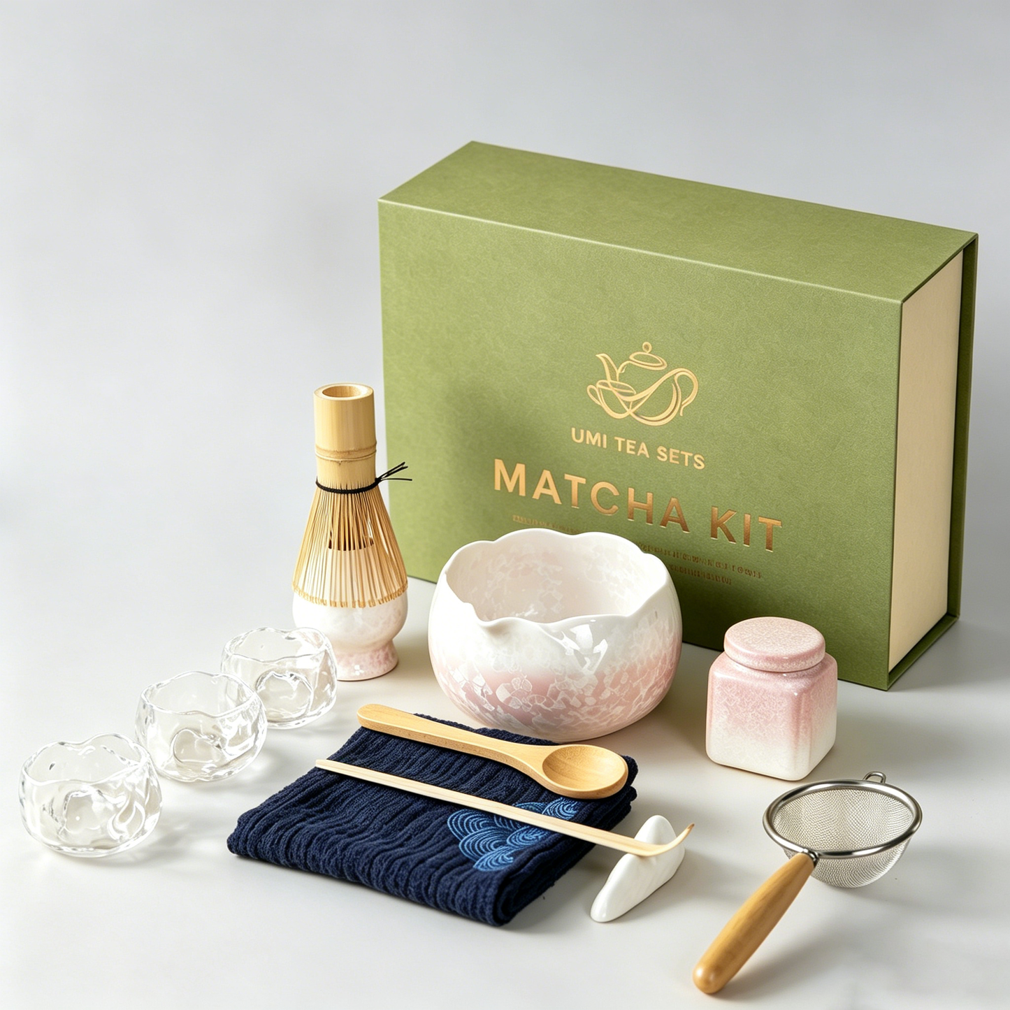Ceramic Pink Flower Matcha Tea Set with Glass Cups and Bamboo Whisk