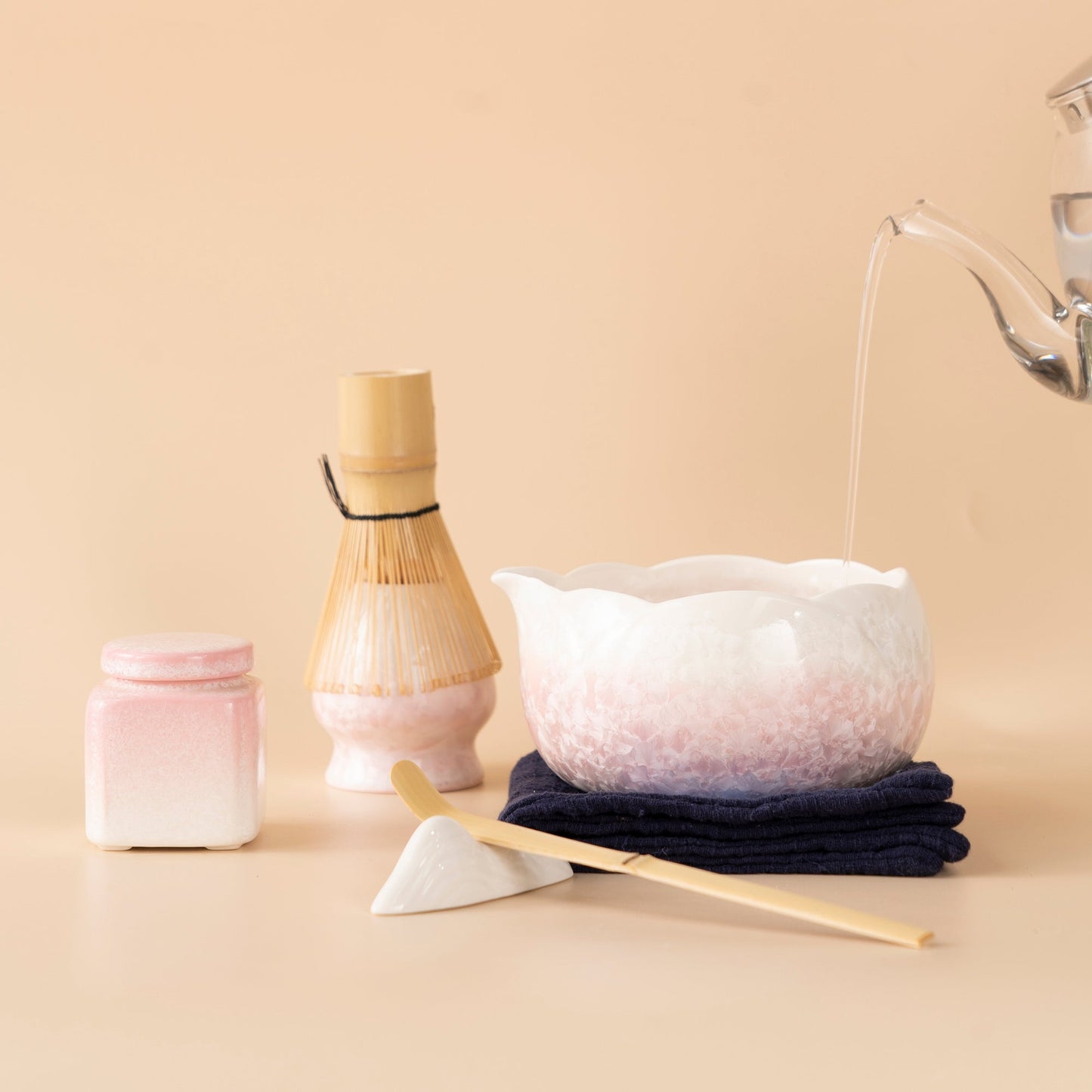 Ceramic Pink Flower Matcha Tea Set with Glass Cups and Bamboo Whisk