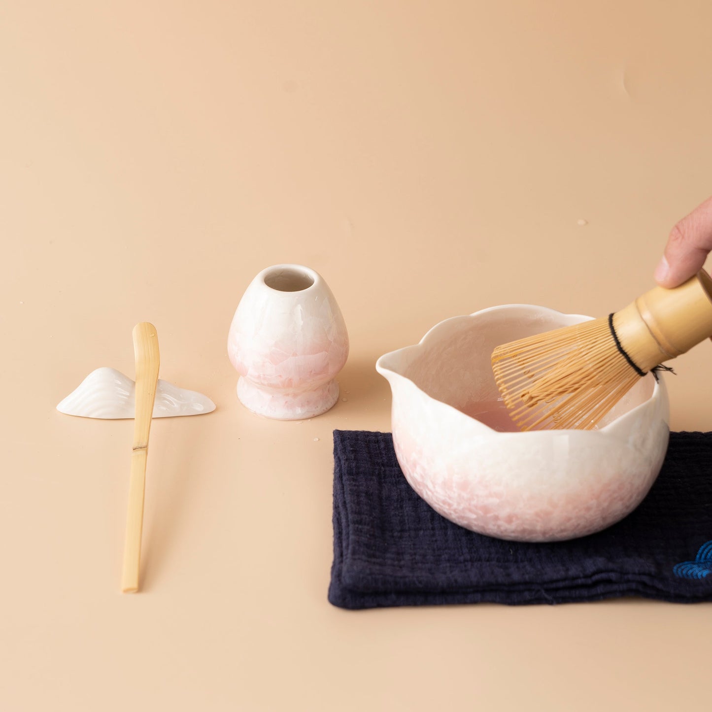 Ceramic Pink Flower Matcha Tea Set with Glass Cups and Bamboo Whisk