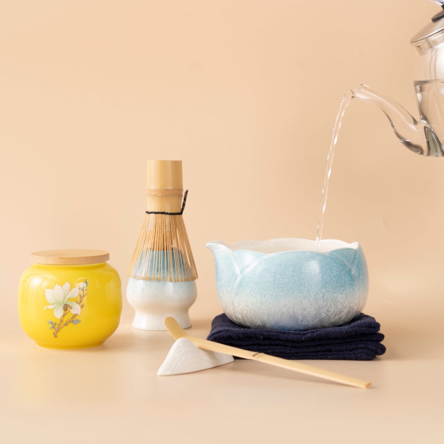 Ceramic Pink Flower Matcha Tea Set with Glass Cups and Bamboo Whisk