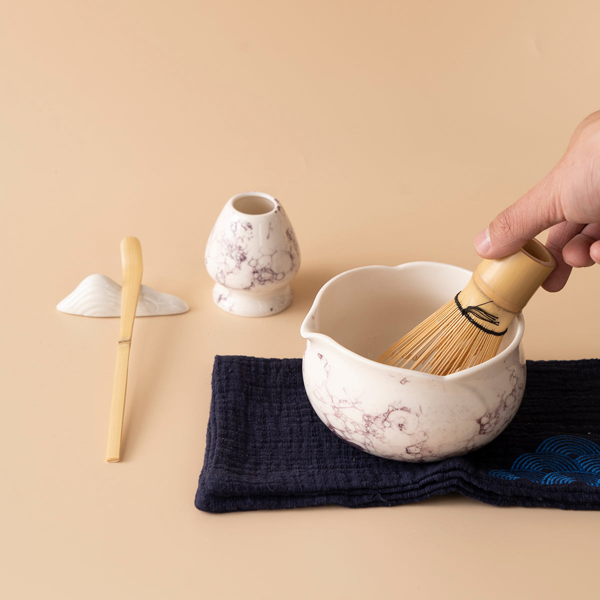 Japanese Marble-Textured Ceramic Matcha Tea Set with Accessories
