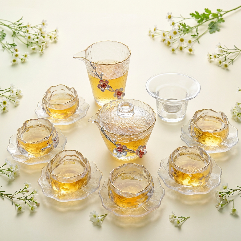 Silver Plum Blossom Crystal Glass Tea Set