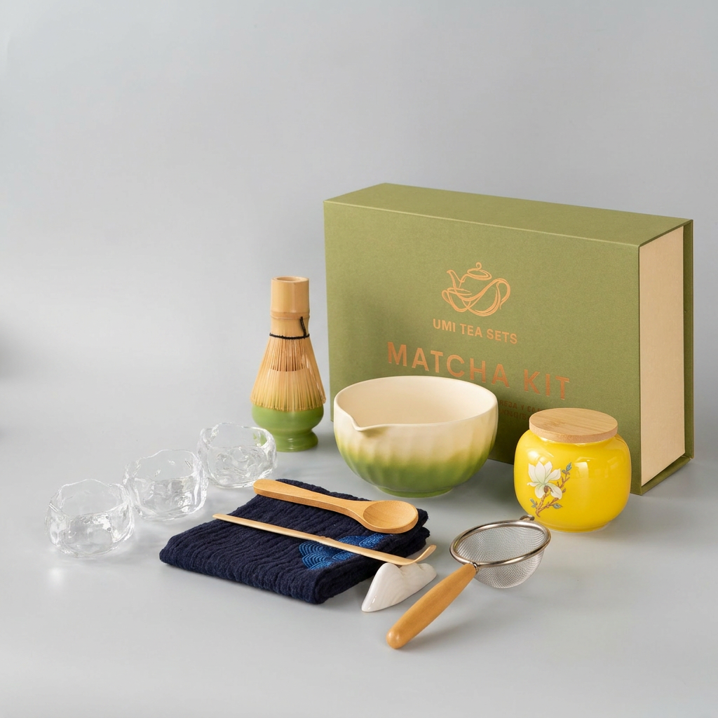 Gradient Green Ceramic Matcha Tea Set with Bamboo Whisk and Teacups