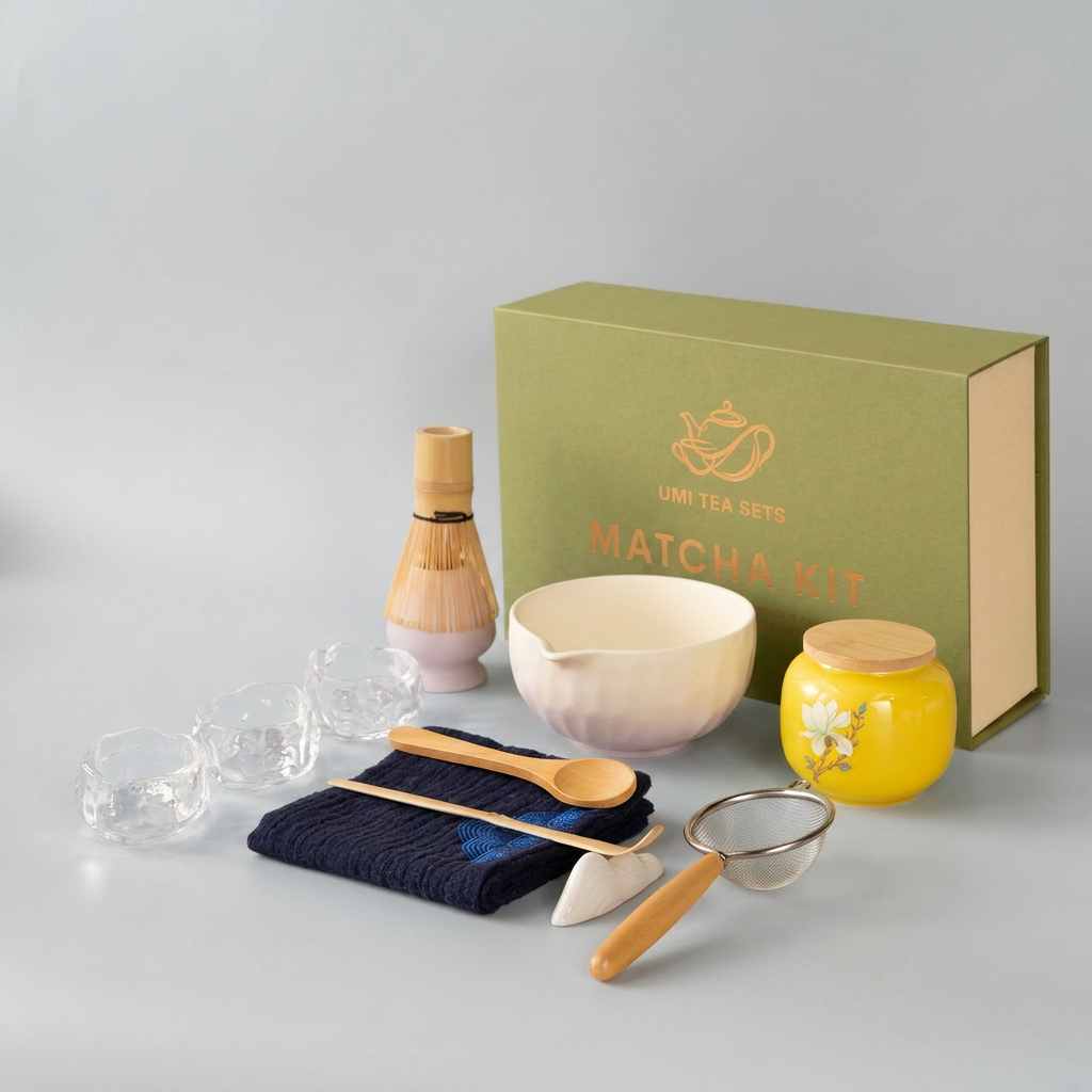 Gradient Green Ceramic Matcha Tea Set with Bamboo Whisk and Teacups