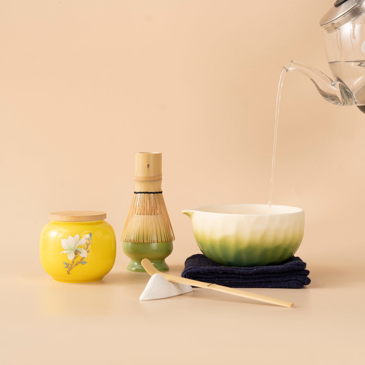 Gradient Green Ceramic Matcha Tea Set with Bamboo Whisk and Teacups