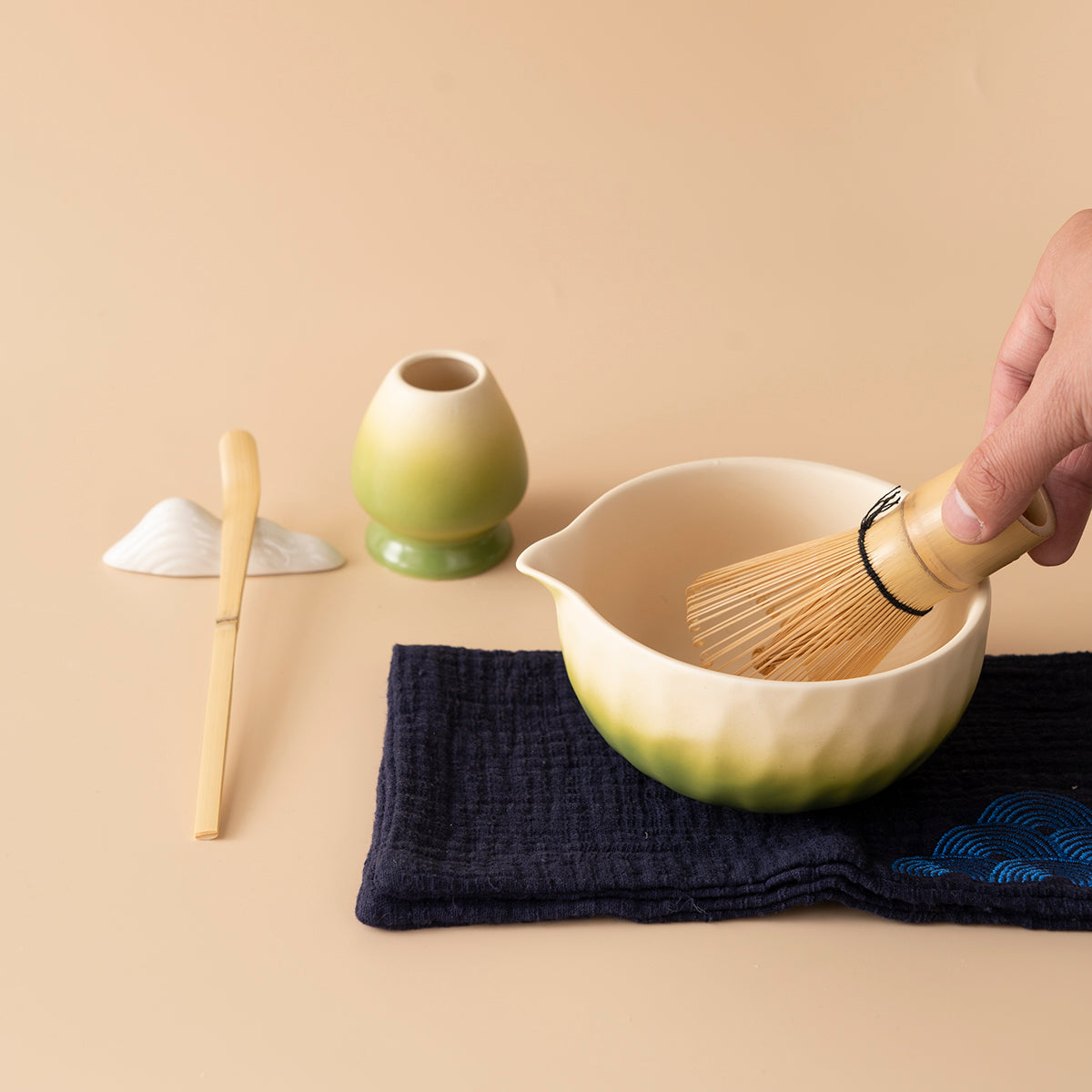 Gradient Green Ceramic Matcha Tea Set with Bamboo Whisk and Teacups