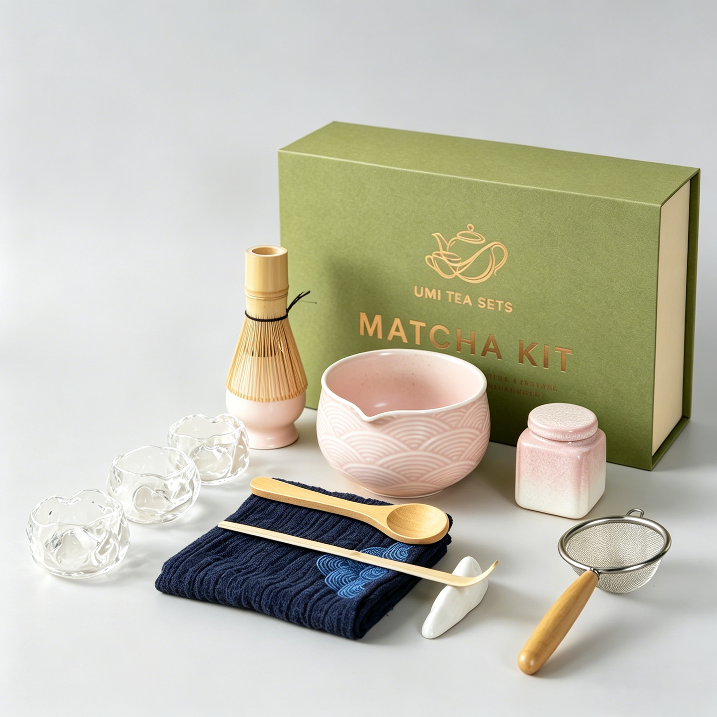 Japanese Pink Wave Ceramic Matcha Tea Set with Bamboo Whisk and Glass Cups
