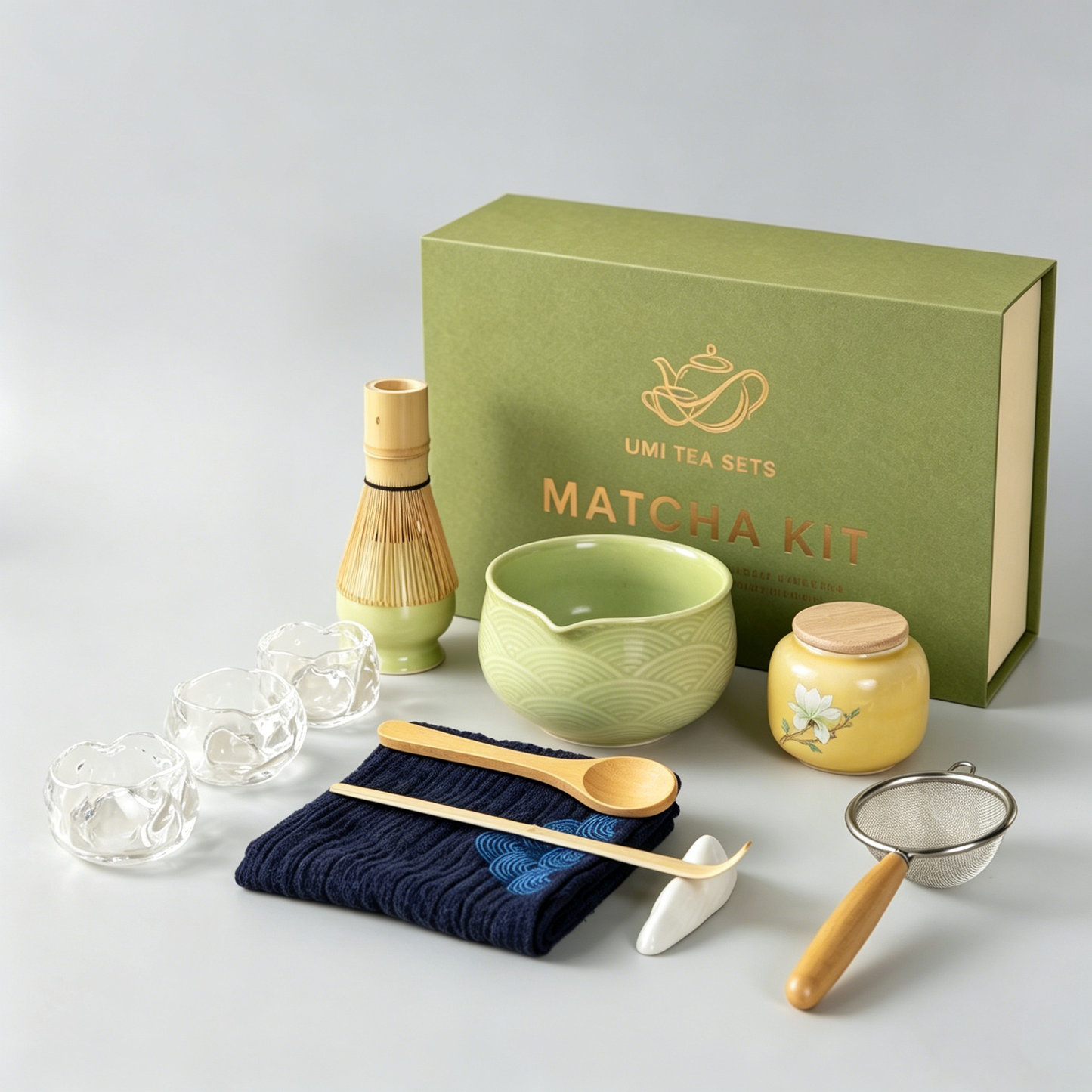 Japanese Pink Wave Ceramic Matcha Tea Set with Bamboo Whisk and Glass Cups
