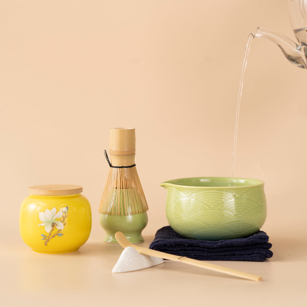 Japanese Pink Wave Ceramic Matcha Tea Set with Bamboo Whisk and Glass Cups