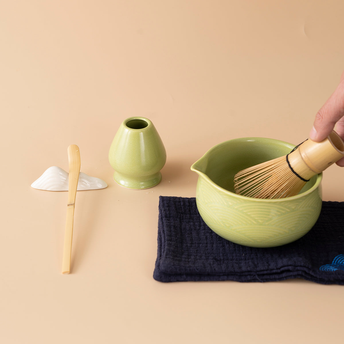 Japanese Pink Wave Ceramic Matcha Tea Set with Bamboo Whisk and Glass Cups