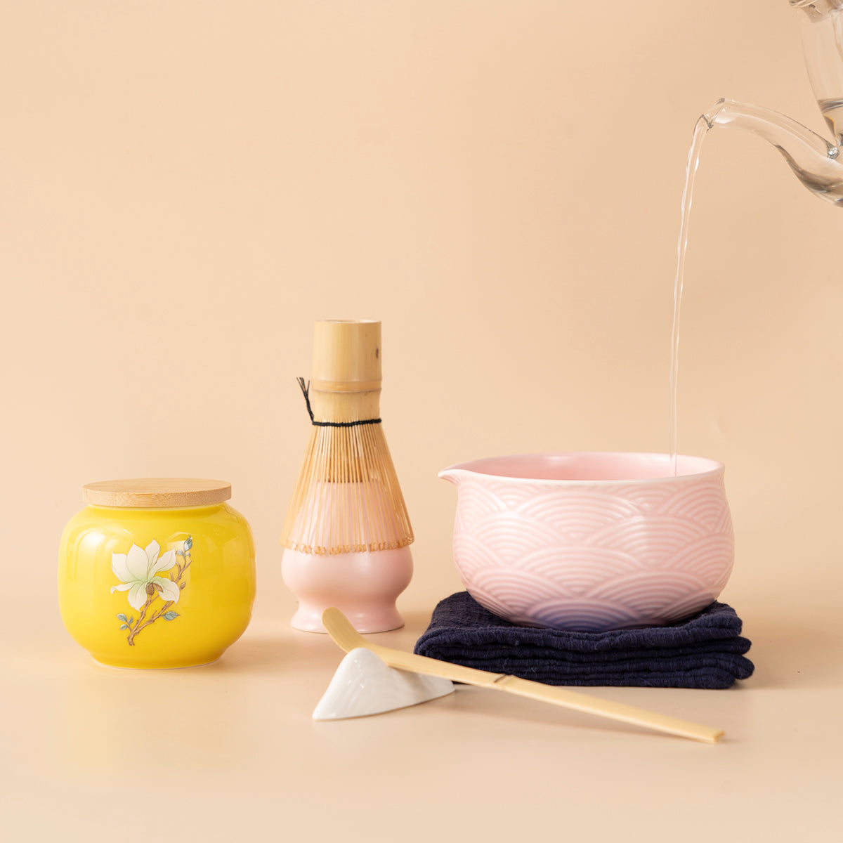 Japanese Pink Wave Ceramic Matcha Tea Set with Bamboo Whisk and Glass Cups