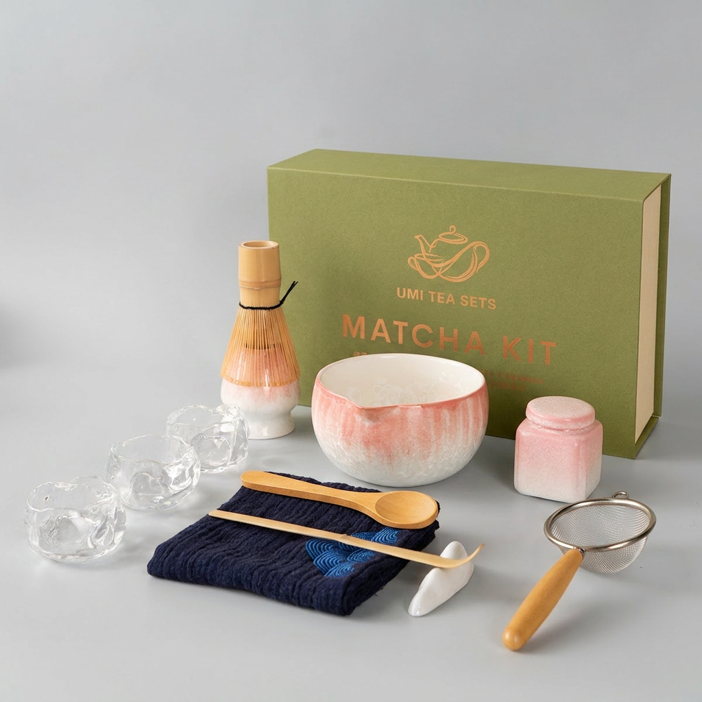 Pink Gradient Crystalline Matcha Tea Set with Bamboo Whisk and Glass Cups