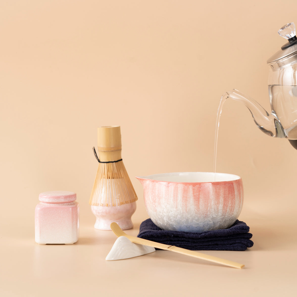 Pink Gradient Crystalline Matcha Tea Set with Bamboo Whisk and Glass Cups